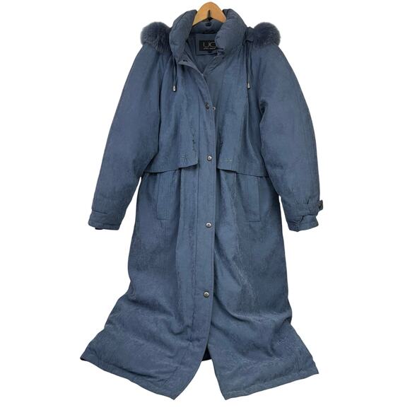 Ultex Design Long Coat Large Denim Blue Removable Faux Fur Hood Goose Down Fill - Picture 1 of 10
